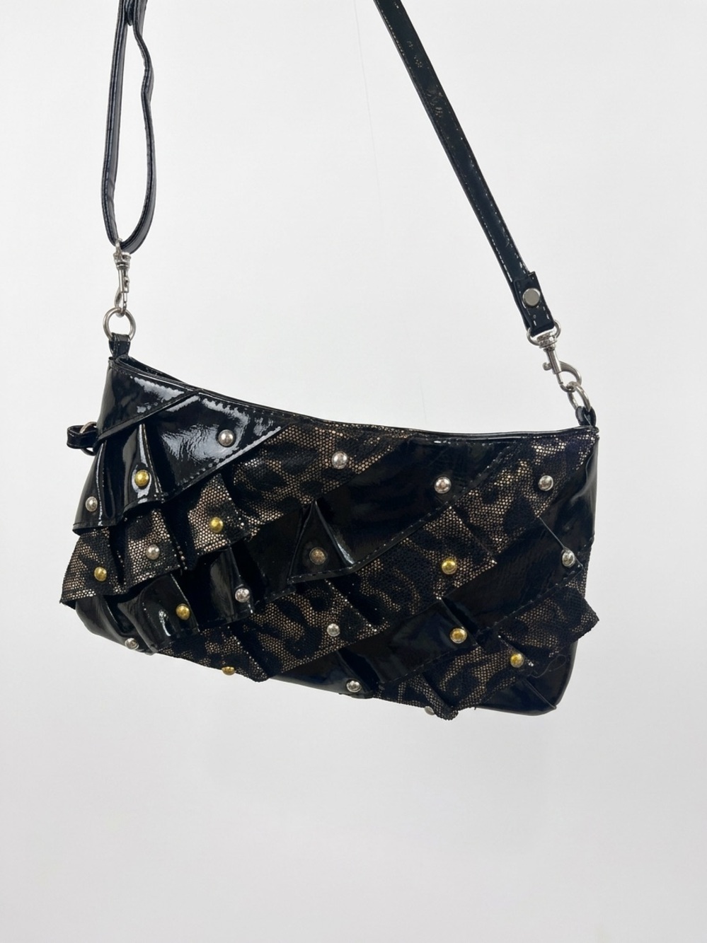 Dollhouse Vintage Y2K Black ruffled studded crossbody shoulder bag Whimsigoth